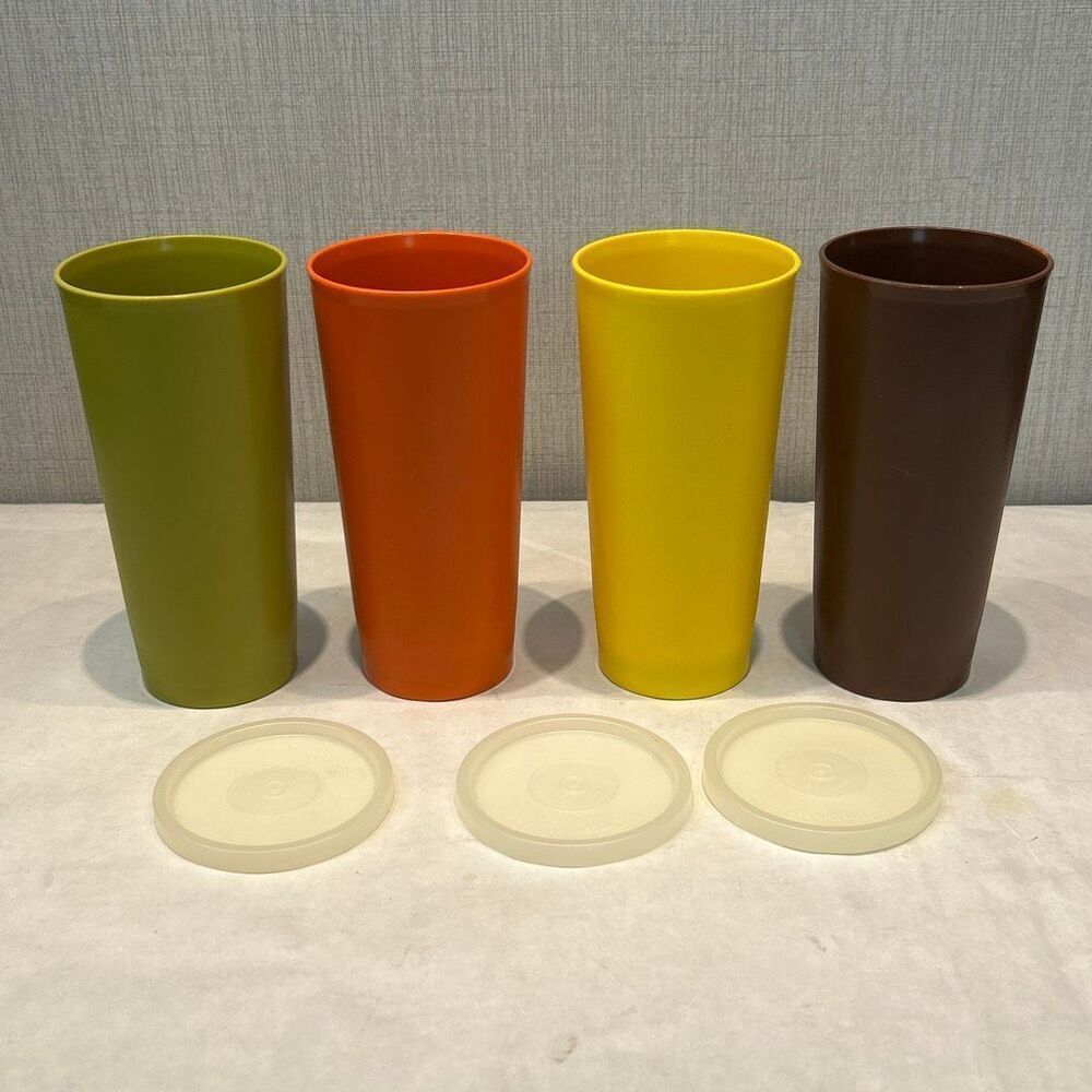 Vtg Tupperware Tumblers WITH SEALS Lot Set Harvest Gold Orange Brown Green Lids